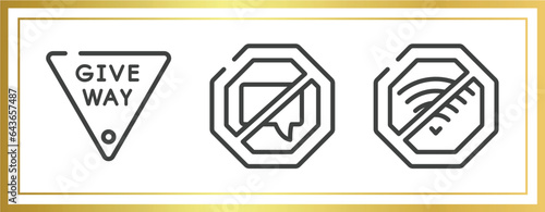 signal and prohibitions outline icons set. linear icons sheet included give way, no chatting, no wifi vector.