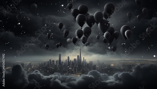 Balloons fly in the clouds over the city with skyscrapers  many inflatable balloons fly into the sky for a city day celebration. Created with AI