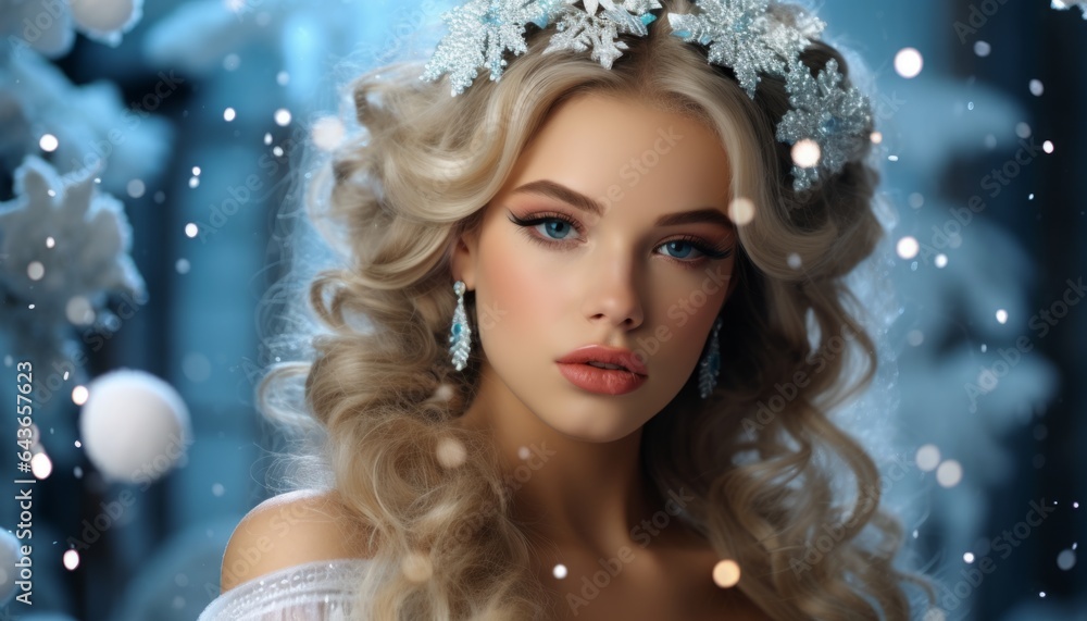 The snow-white skin of a beautiful blonde snow maiden girl, a woman princess in a New Year's outfit made of blue snowflakes. Created with AI - obrazy, fototapety, plakaty 