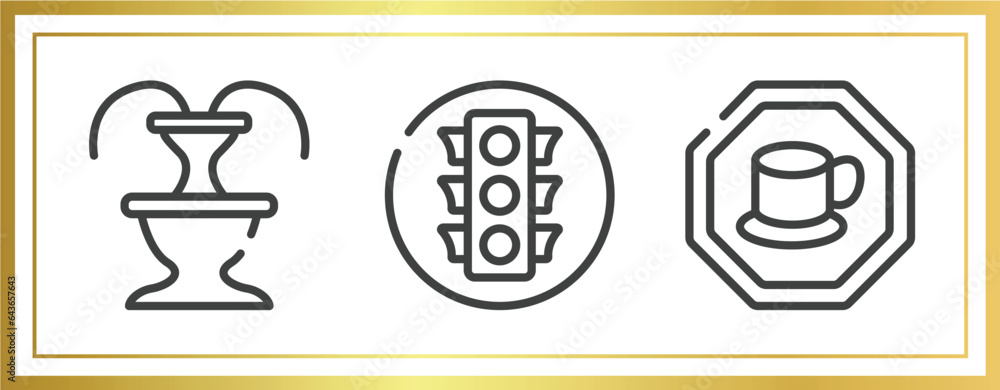 indications outline icons set. linear icons sheet included fountain, round traffic, cafe bar vector. indications outline icons set. linear icons sheet included fountain, round traffic, cafe bar vector.