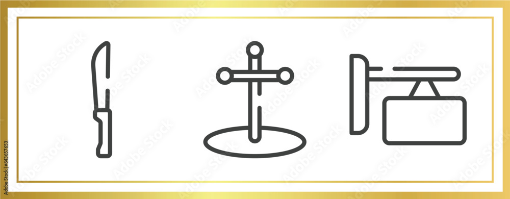 signals outline icons set. linear icons sheet included strong knife, cross stuck in ground, store board vector. signals outline icons set. linear icons sheet included strong knife, cross stuck in ground, store board vector.