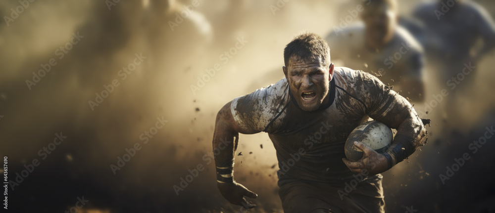 Portrait of a rugby player running with ball outdoors. Sports concept. - obrazy, fototapety, plakaty 