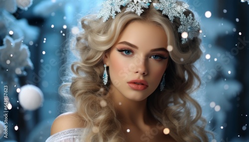 The snow-white skin of a beautiful blonde snow maiden girl  a woman princess in a New Year s outfit made of blue snowflakes. Created with AI