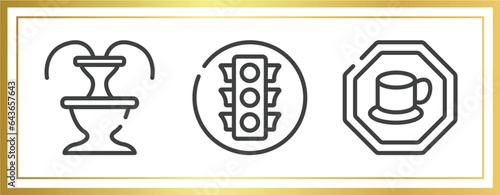 indications outline icons set. linear icons sheet included fountain, round traffic, cafe bar vector.