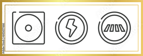 indications outline icons set. linear icons sheet included dry low heat, shock, road crossing vector.