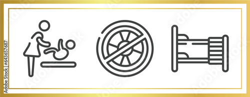 indications outline icons set. linear icons sheet included babysitter and child, no lifeguard, dormitory vector.