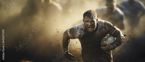 Portrait of a rugby player running with ball outdoors. Sports concept.