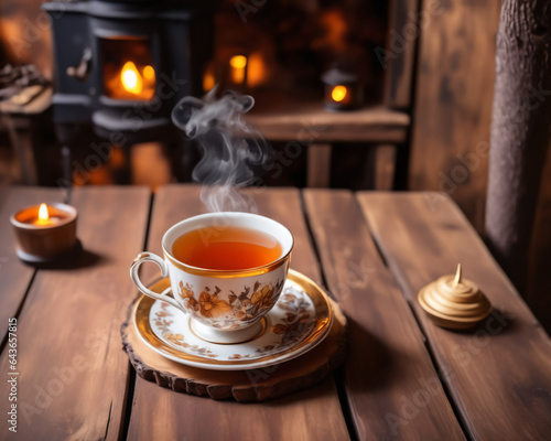 cup of tea on wooden table, created using AI generative technology