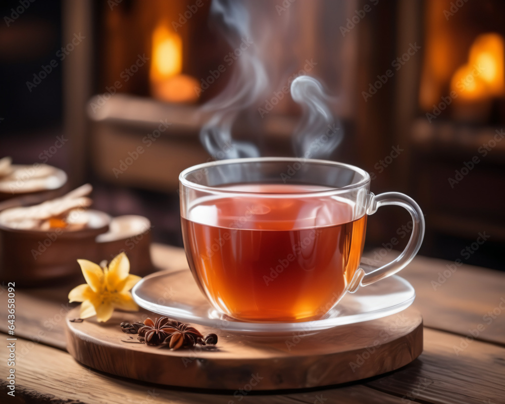 cup of tea on wooden table, created using AI generative technology cup of tea on wooden table, created using AI generative technology