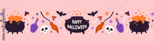 Hand drawn Halloween horizontal banner with bats, witch cauldron, skull, poison. Cute vector holiday illustration.