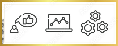 business pack outline icons set. linear icons sheet included recommendation, graph notebook, wheel with cogs vector.