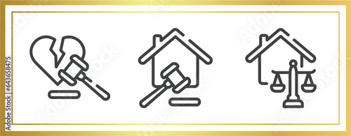 law and justice outline icons set. linear icons sheet included divorce, property and finance, real estate law vector.