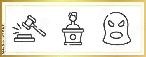 law and justice outline icons set. linear icons sheet included case closed, counsel, balaclava vector.