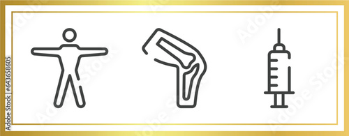dentist outline icons set. linear icons sheet included human body standing, kneecap, anesthesia dentist injection diagonal vector.