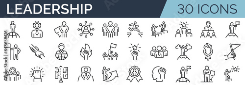 Set of 30 outline icons related to leadership, leader, expert, winner. Linear icon collection. Editable stroke. Vector illustration