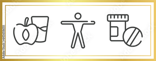 medicine and health outline icons set. linear icons sheet included diet for health, men, phareutical drugs vector.