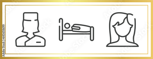 body parts outline icons set. linear icons sheet included medical doctor specialist, human sleeping on bed, brunette female woman long hair vector.