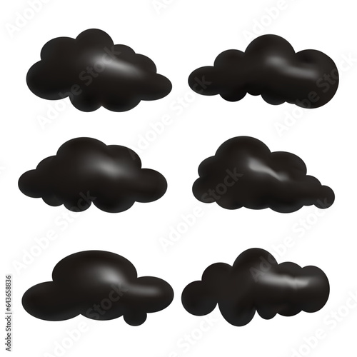 Black 3d realistic clouds set. 
Isolated on white background. 3D geometric shapes vector illustration