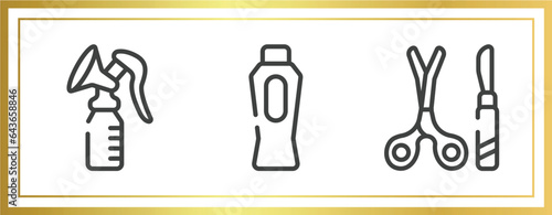 medicine outline icons set. linear icons sheet included breast pump, baby powder, tool surgeon vector.