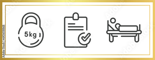 health outline icons set. linear icons sheet included kettlebell, stais, patient in hospital bed vector.
