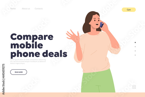 Compare mobile phone deals concept for landing page design template with woman calling smartphone