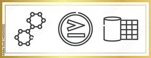 chemistry outline icons set. linear icons sheet included nano technology, greater than, gauze vector.