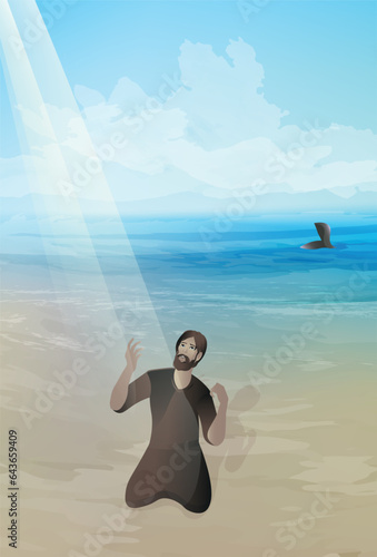 Bible stories.  Jonah 2:11. Jonah 3:1-2. The Lord commanded the fish, and it vomited Jonah onto dry land. Vector illustration. Old testament. 
