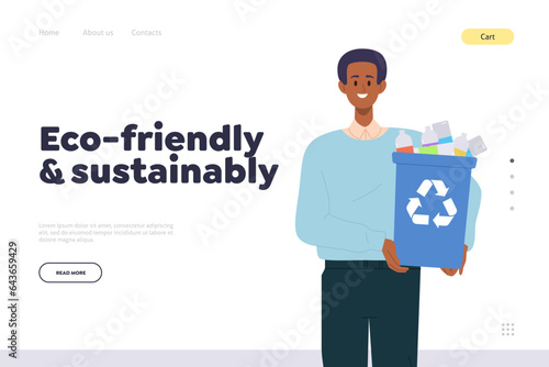 Eco-friendly and sustainability landing page website template with man sorting plastic waste design