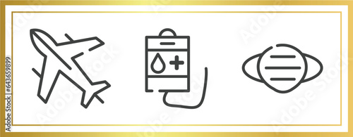 outline icons set. linear icons sheet included airplane, blood bag, mask vector.