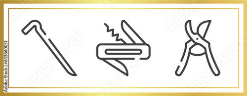 cutting tool outline icons set. linear icons sheet included crowbar, jackknife, pruning shears vector.