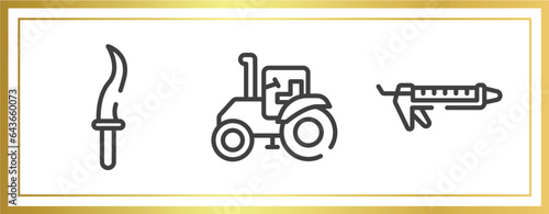 building outline icons set. linear icons sheet included kirpan, farm tractor, sealant vector.