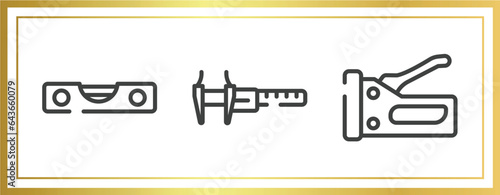 tools and hinery outline icons set. linear icons sheet included level gauge  calipers  big stapler vector.