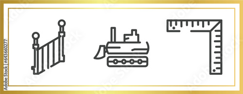 constructicons outline icons set. linear icons sheet included stairs side view, excavator side view, angle ruler vector.