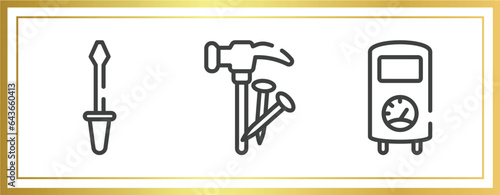 plumber outline icons set. linear icons sheet included garage screwdriver, hammer and nail, boiler vector.