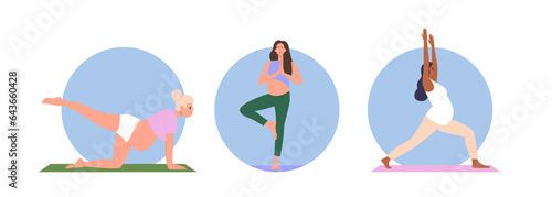 Isolated set of round icon composition with pregnant woman doing yoga exercise physical training