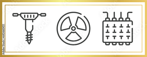 factory outline icons set. linear icons sheet included hydraulic breaker, radiation, fuse box vector.