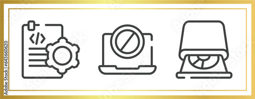 hardware computer outline icons set. linear icons sheet included document tings, no computer, cd room vector.