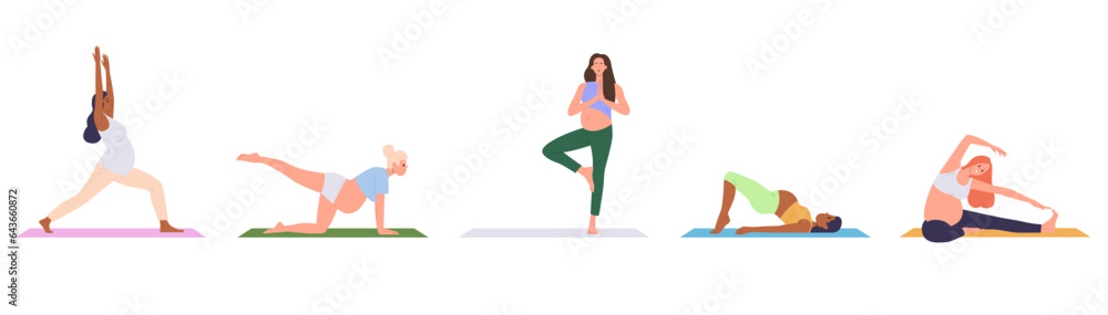Isolated set of pregnant woman doing physical fitness exercise and yoga workout for health Isolated set of pregnant woman doing physical fitness exercise and yoga workout for health