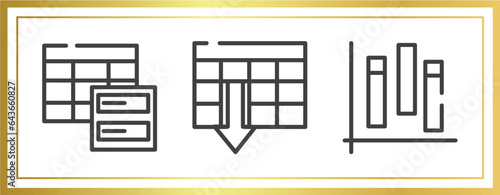computer and media outline icons set. linear icons sheet included data spreadsheet, spreadsheet ascending order, chart of columns vector.