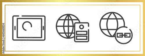 computer and media outline icons set. linear icons sheet included touch screen, server with the earth, earth link vector.
