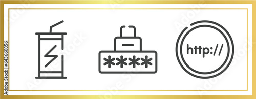 internet outline icons set. linear icons sheet included energy drink, security code, http vector.