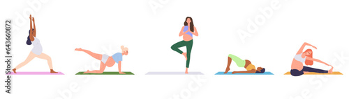 Isolated set of pregnant woman doing physical fitness exercise and yoga workout for health