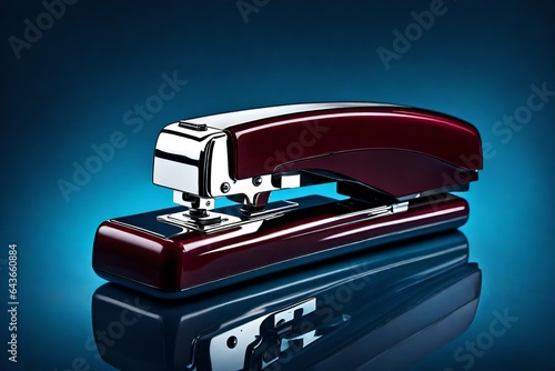 maron stapler isolated on blue background photo