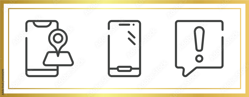 talking outline icons set. linear icons sheet included map on phone, modern smartphone, warning speech bubble vector. talking outline icons set. linear icons sheet included map on phone, modern smartphone, warning speech bubble vector.