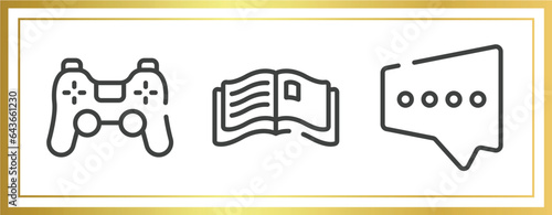chatting outline icons set. linear icons sheet included ps4 controller, open magazine, black chat bubble vector.