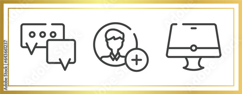 smart devices outline icons set. linear icons sheet included speech bubble, add contact, monitor vector.