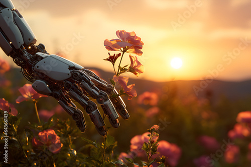 Robotic hand reaching to the pink flower. Concept art. Artificial Intelligence, Development of emotion and thinking. Synthetic life, Deep learning. Future of tech. Generative Ai photo