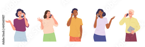 Set of diverse people cartoon character using mobile phone for communication isolated on white