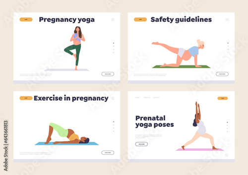 Isolated set of landing page design template with yoga workout physical gymnastics for pregnant