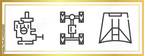 car parts outline icons set. linear icons sheet included car choke, car axle, hood vector.